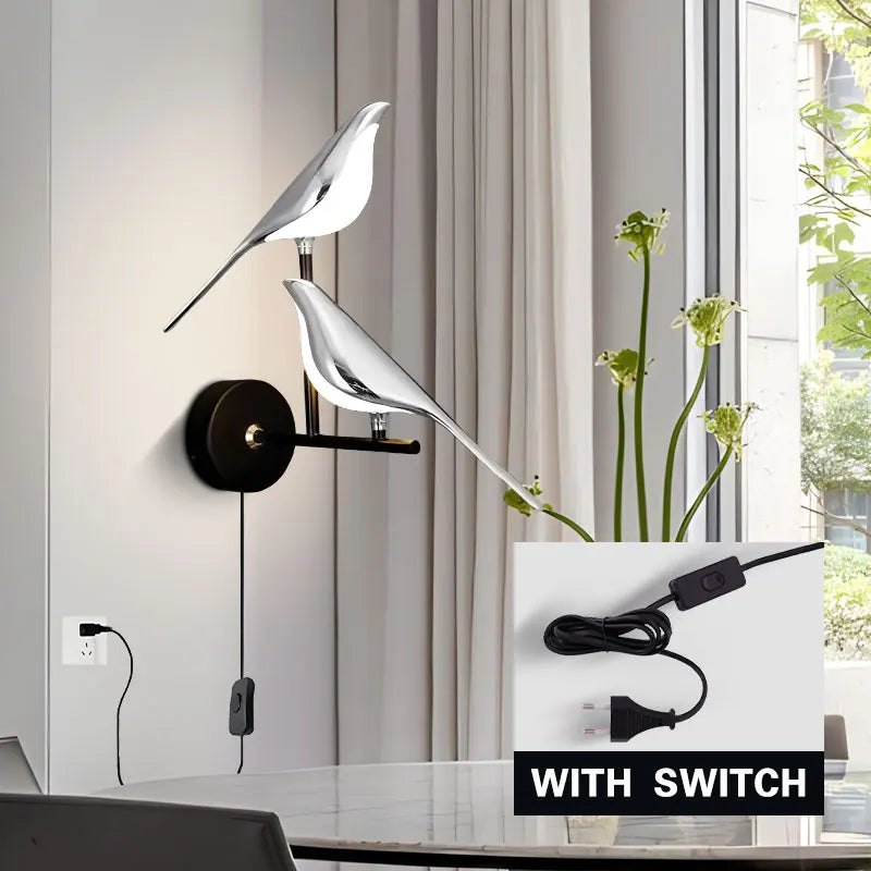 Lampade da Parete LED Girevoli a Forma di Uccello Magpie con Spina EU/US per Comodino, Camera da Letto, Lampade da Parete Nordiche, Applique per Cucina e Sala da Pranzo