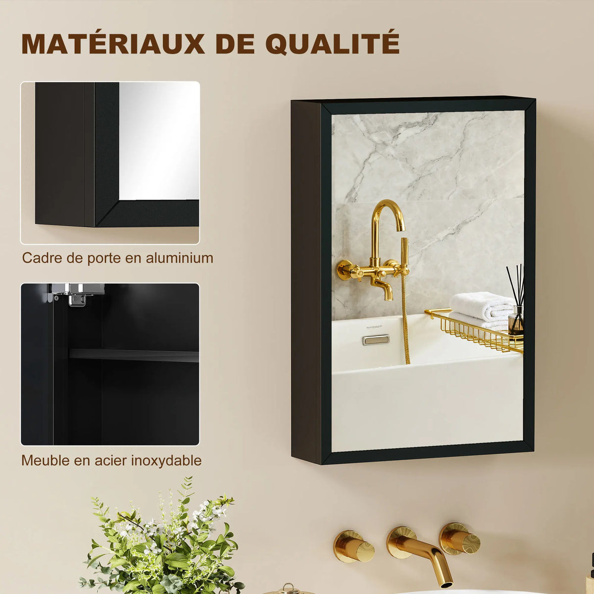 Armadietto Kleankin con specchio per bagno, armadietto a muro Ice Wall con 1 anta e 2 ripiani in acciaio 40x12x60 cm nero