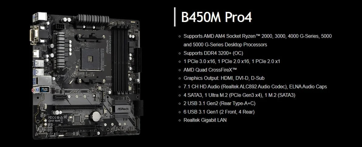 Scheda madre ASRock B450M PRO4, compatibile con CPU 5950X, 5800X3D, 5700X3D, 5600X, 5600G, 1700X, 2700X, socket AM4 AMD, 4 slot DDR4, 3200 MHz, formato MATX.