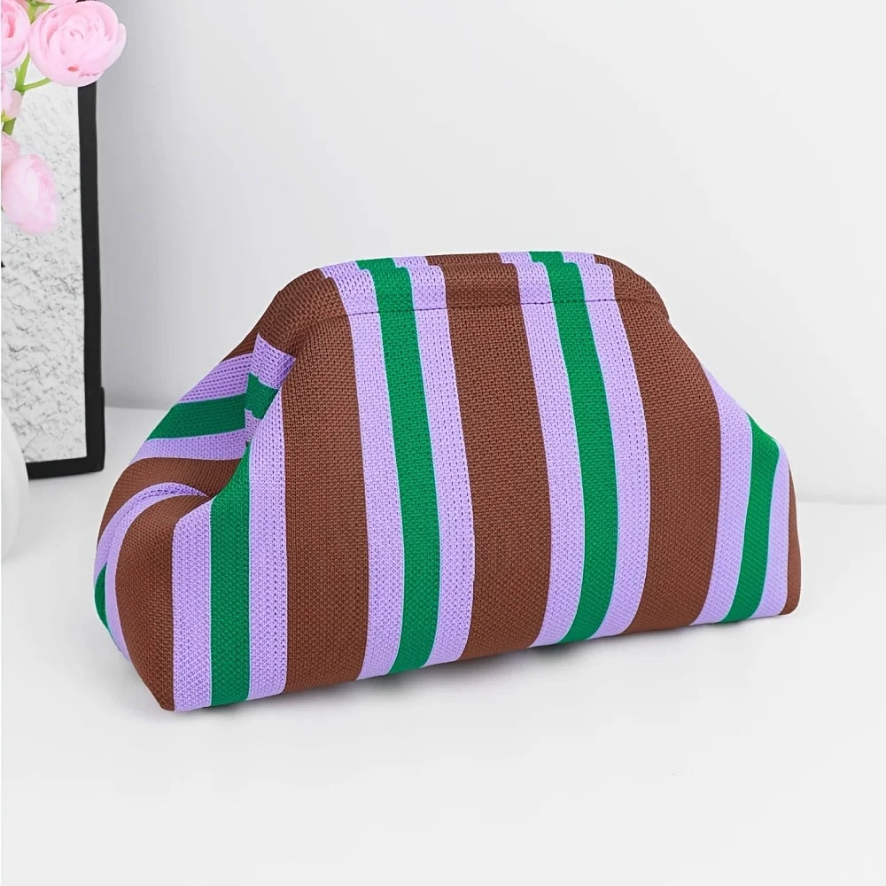 Nuova borsa intrecciata traforata a righe, borsa a mano in maglia, versatile borsa portatile per cosmetici