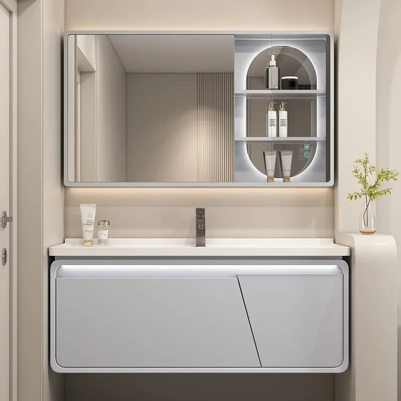 Mobile Bagno Moderno Intelligente con Lavabo Integrato in Ceramica, Armadietti in Rovere, Specchio LED e Mobiletto - Arredamento Bagno