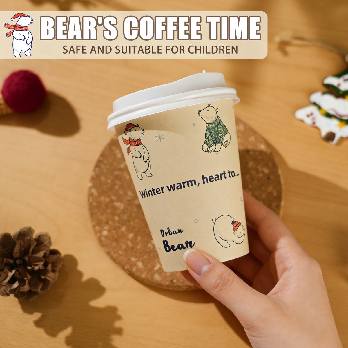 Bicchieri di carta usa e getta con motivo orso polare, polpa di bambù, panda, gatto, bicchieri di carta, stampa animalier, tazze da caffè con coperchio per uso domestico