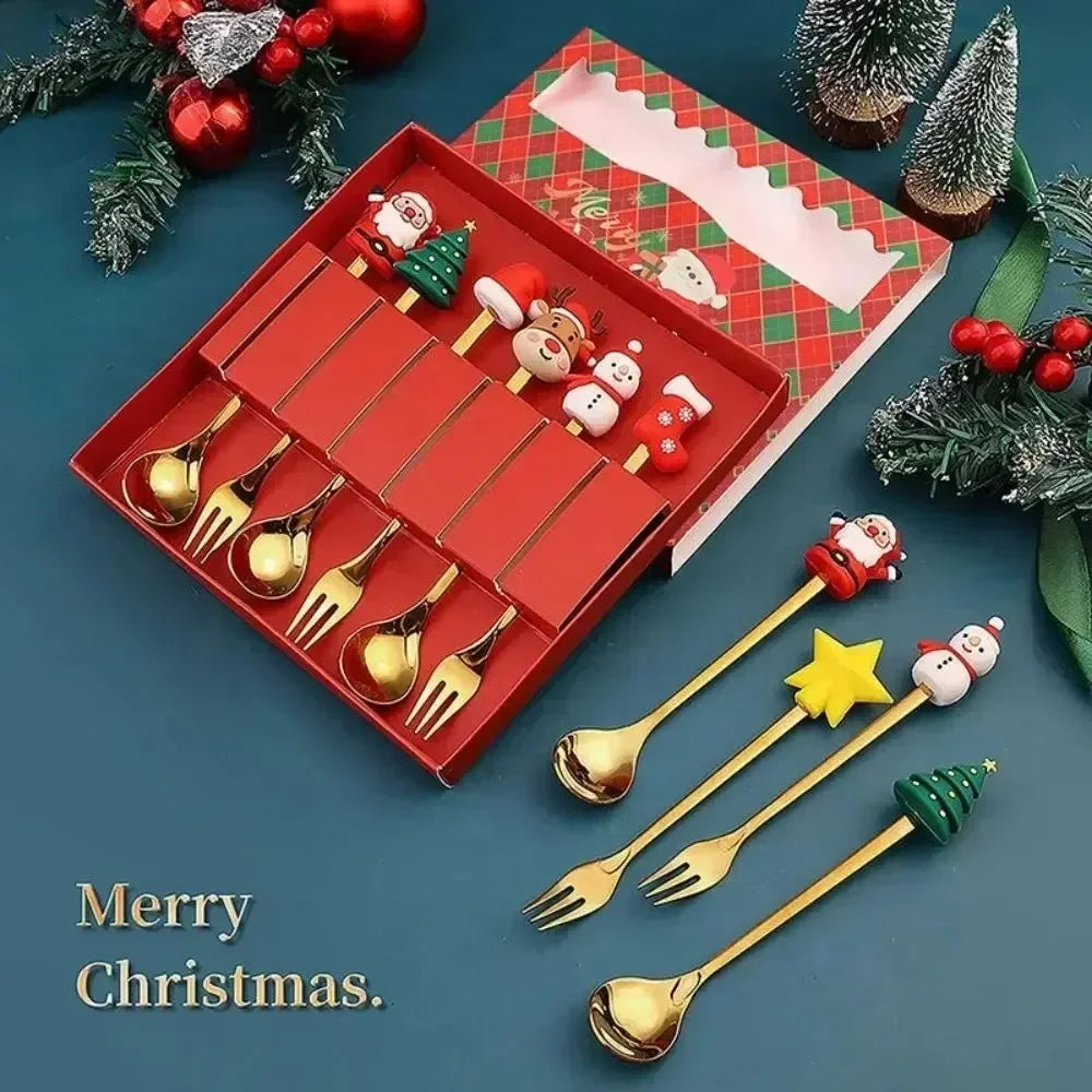 Set cucchiaio e forchetta natalizio in acciaio inossidabile caffè tè utensili da dessert confezione regalo design albero di Babbo Natale facile da pulire 6/4/2/1PZ