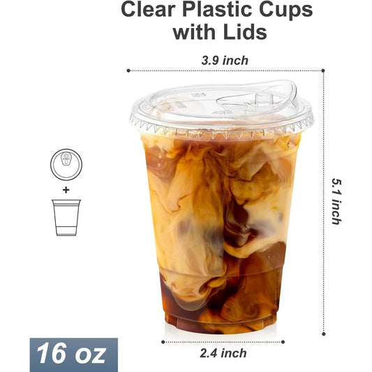 Bicchieri in Plastica Trasparente da 16oz/20oz con Coperchi, Robusti Bicchieri per Caffè Freddo con Coperchi a Beccuccio, Bicchieri Monouso in Plastica per Frullati e Bevande Fredde