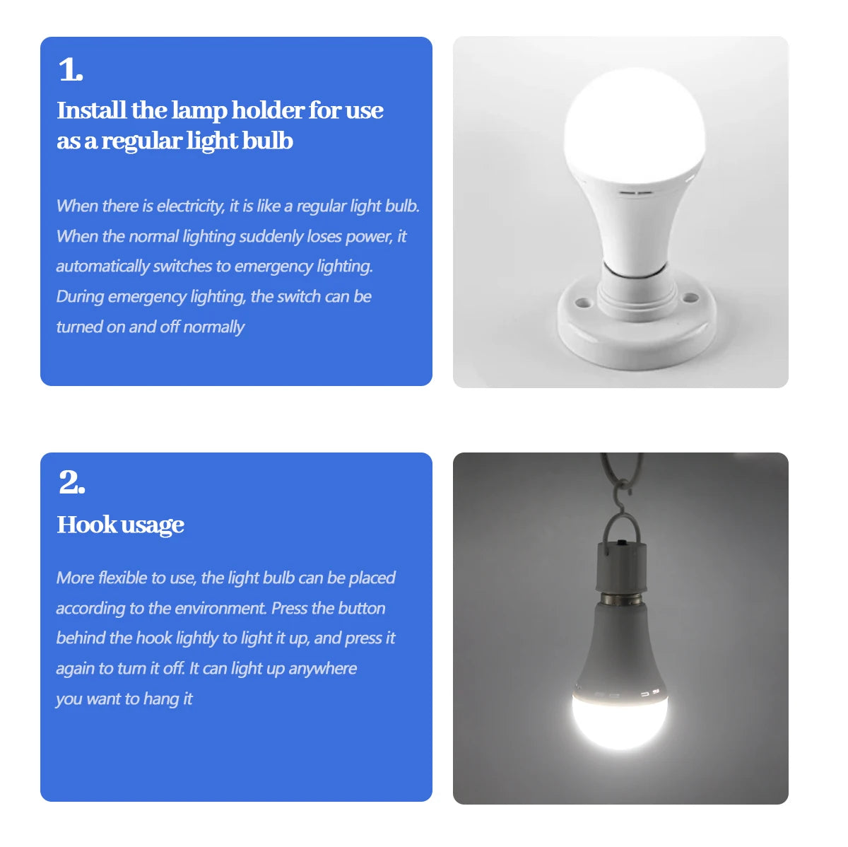 Lampadina LED ricaricabile E27 7W 1500mAh 220V 110V Lampadina di emergenza per alimentazione domestica Lampada da giardino per portico da campeggio in guasto all'aperto