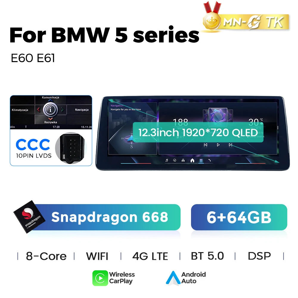 Mekede 10.25/12.3 pollici QLED Android 14 Snapdragon 128GB ROM CarPlay Wireless Auto Multimedia per BMW Serie 5 E60 E61 E62 E63 E64 Sistema CCC CIC Navigazione GPS Doppio BT 4G WiFi DSP