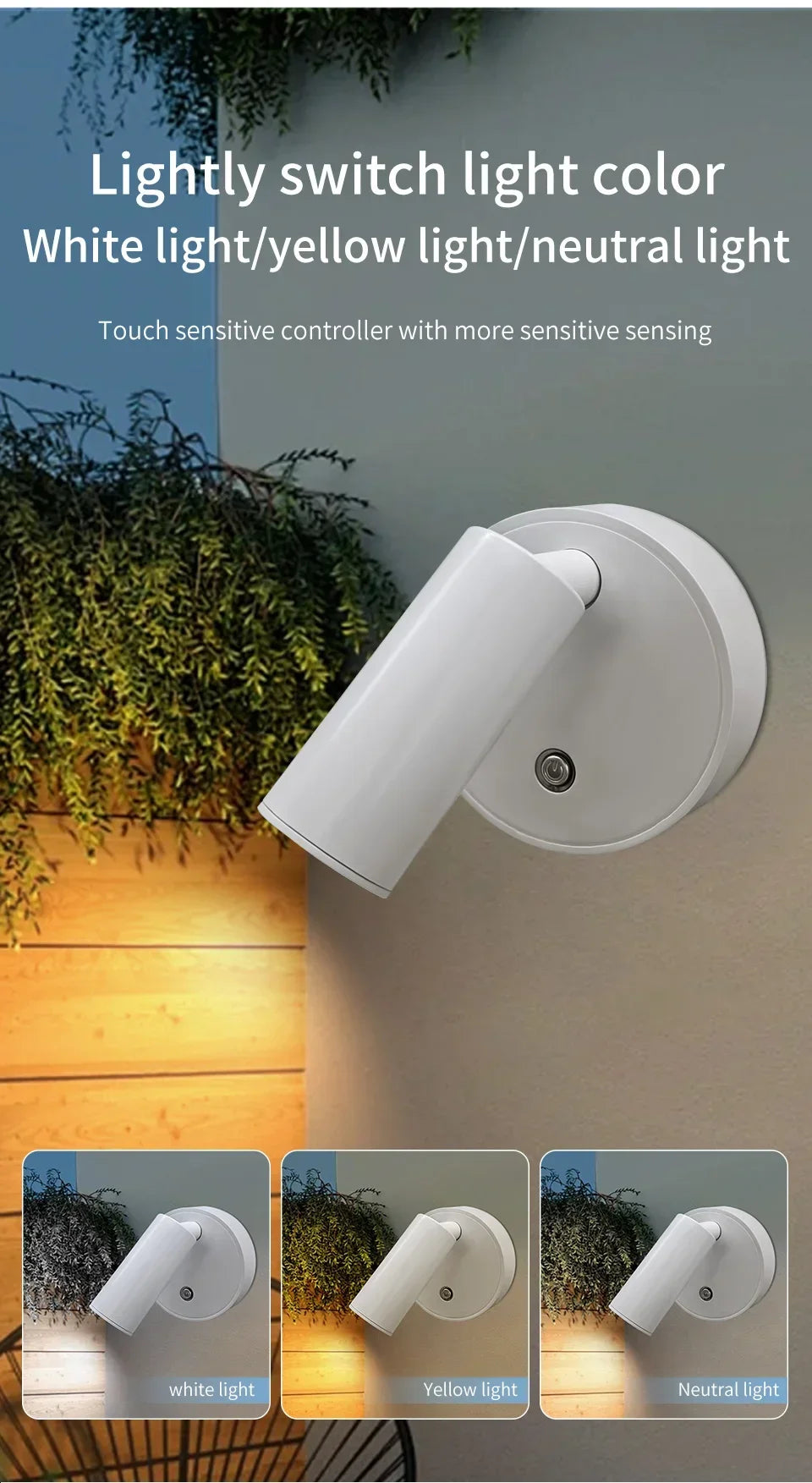 Faretto LED ricaricabile USB Lampada da parete magnetica senza fili Sensore tattile Dimmerabile Faretto per camera da letto per porta dell'armadio a 3 colori