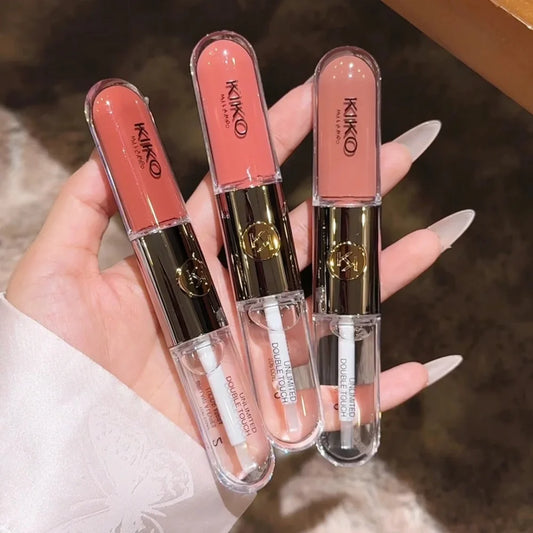 Rossetto a doppia punta Kiko, lucidalabbra effetto specchio trasparente, non sbiadisce, lucidalabbra opaco e vellutato, tinta latte e pasta di fagioli, trucco nude