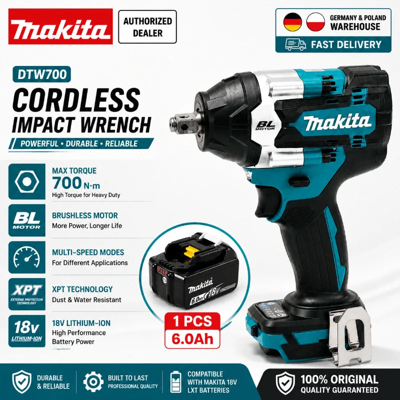 Avvitatore a impulsi Makita DTW700 18V senza fili, brushless, 700 Nm, professionale, con attacco quadrato da 1/2 pollice, velocità variabile, Auto-Stop, compatibile con batterie Makita LXT BL1830 BL1840 BL1850 BL1860B - Maga