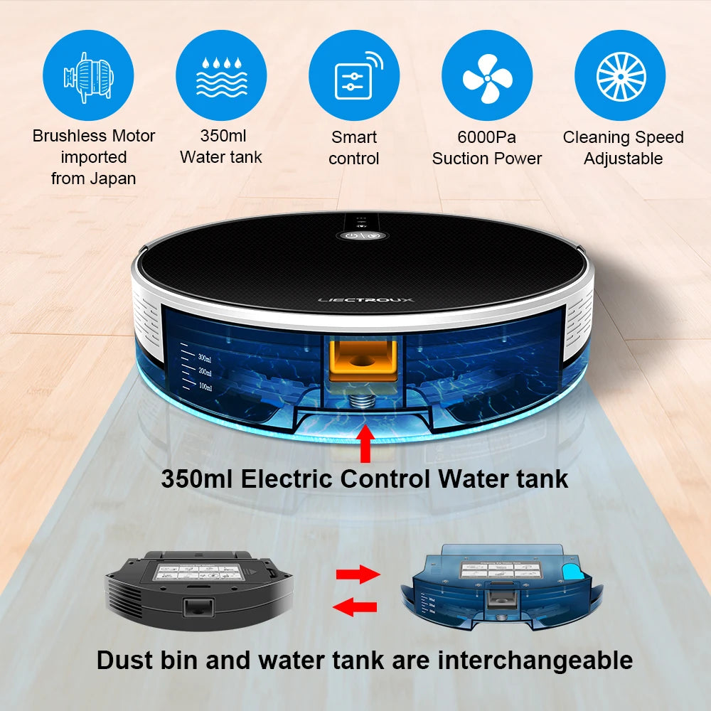 LIECTROUX C30B Robot Aspirapolvere con Navigazione AI, Partizione Intelligente, App WiFi, Aspirazione 6000Pa, Lavaggio a Secco e Umido, Disinfezione