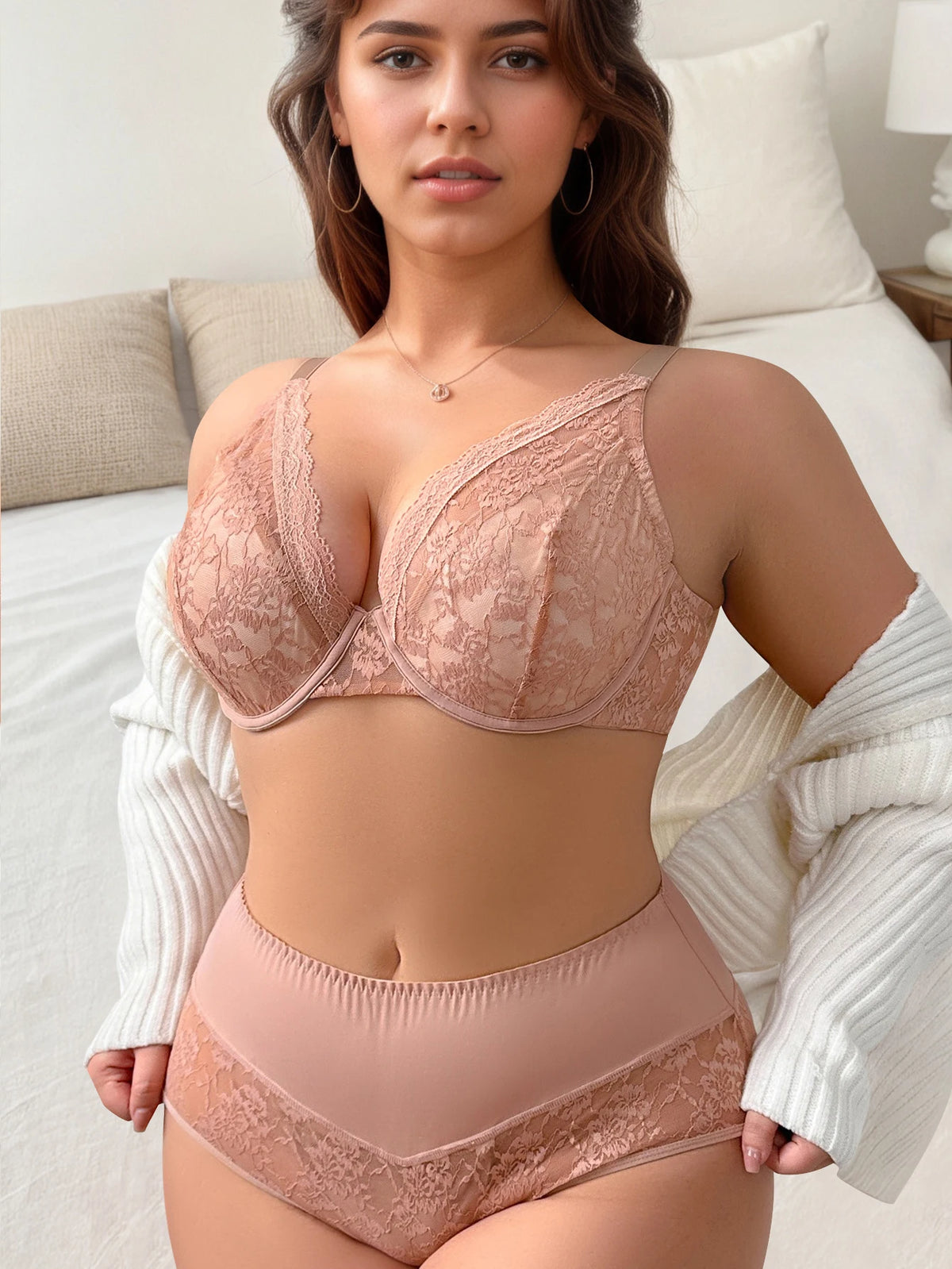 Set intimo da donna sexy in 2 pezzi taglie forti pizzo semitrasparente moda retrò biancheria intima grande rosa Lingerie MR3419