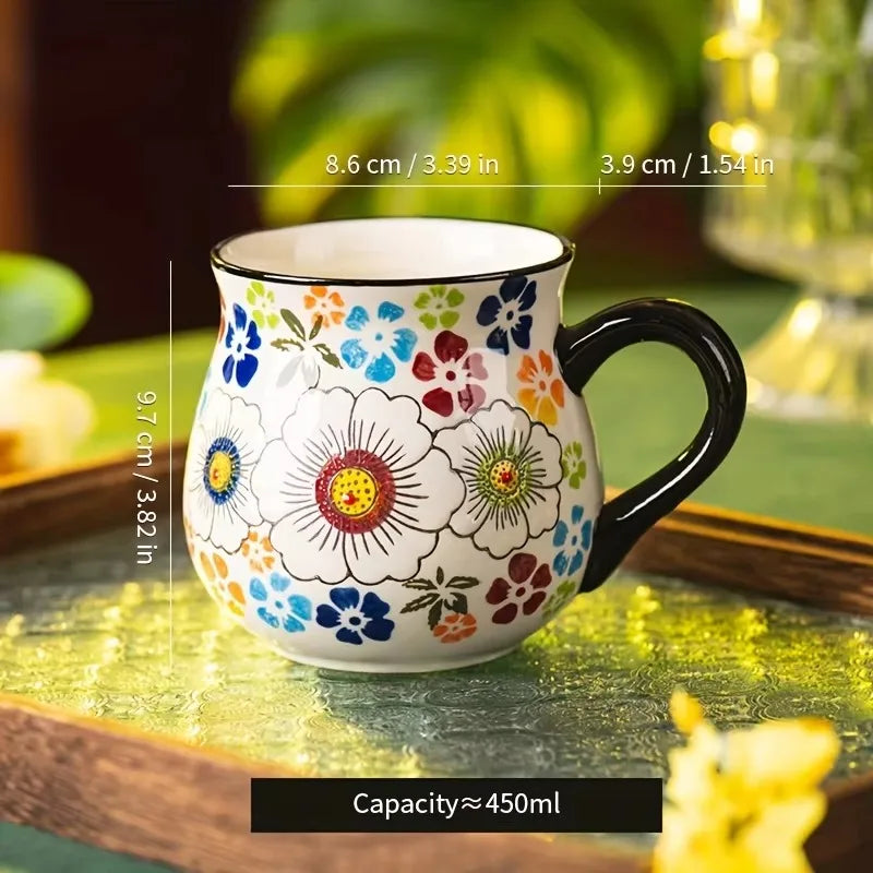 Tazza in Ceramica Stile Ceramica Polacca a Bocca Larga, Tazza con Motivo Floreale Dipinto a Mano, Tazza di Grande Capacità per Caffè, Tè e Latte