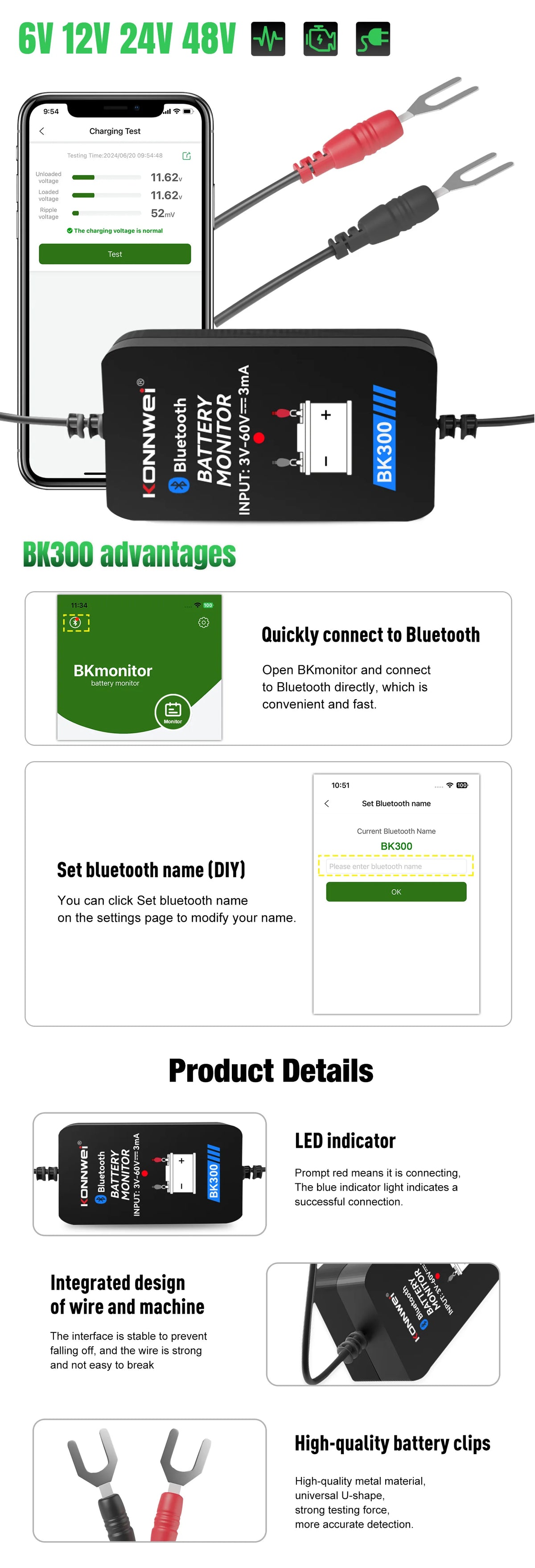 KONNWEI BK300 Tester Bluetooth per Batterie Auto 6V/12V/24V con App Mobile per Auto, Camper, Moto, Camion e Barche