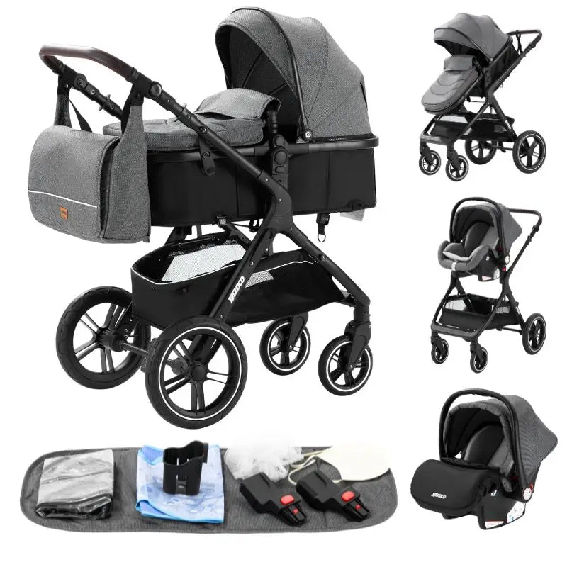 Passeggino 3 in 1 Facile da piegare Telaio in alluminio ad alto paesaggio Passeggino neonato con ruota in gomma per assorbimento degli urti a quattro ruote