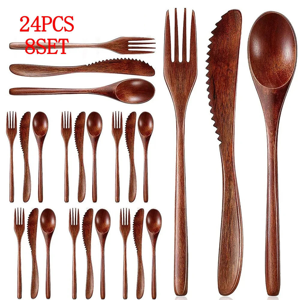 24/12 Pezzi Cucchiaio di Legno Cucchiaio da Zuppa e Forchetta Stoviglie Set di Cucchiai con Mestolo Ellipse Naturale Prodotti Ecologici Cucchiai per Cucinare
