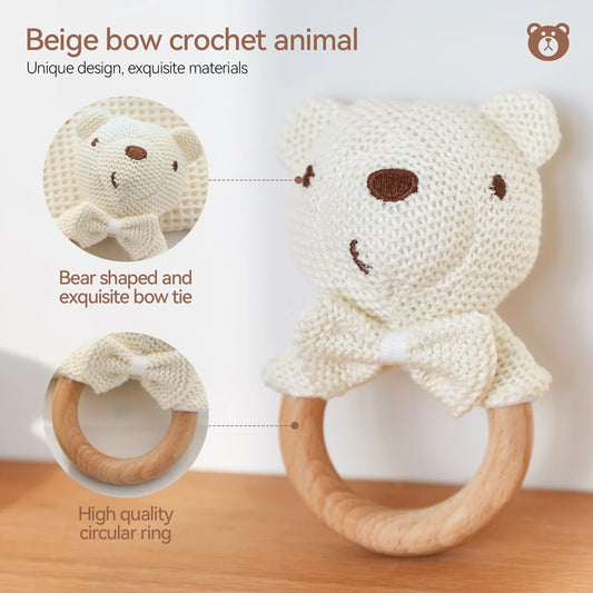 Giocattoli a sonaglio per bambini Orso carino Giocattoli animali all'uncinetto Cartone animato Massaggiagengive in legno Culla mobile per bambini Prodotto Giocattoli a sonaglio neonato in legno