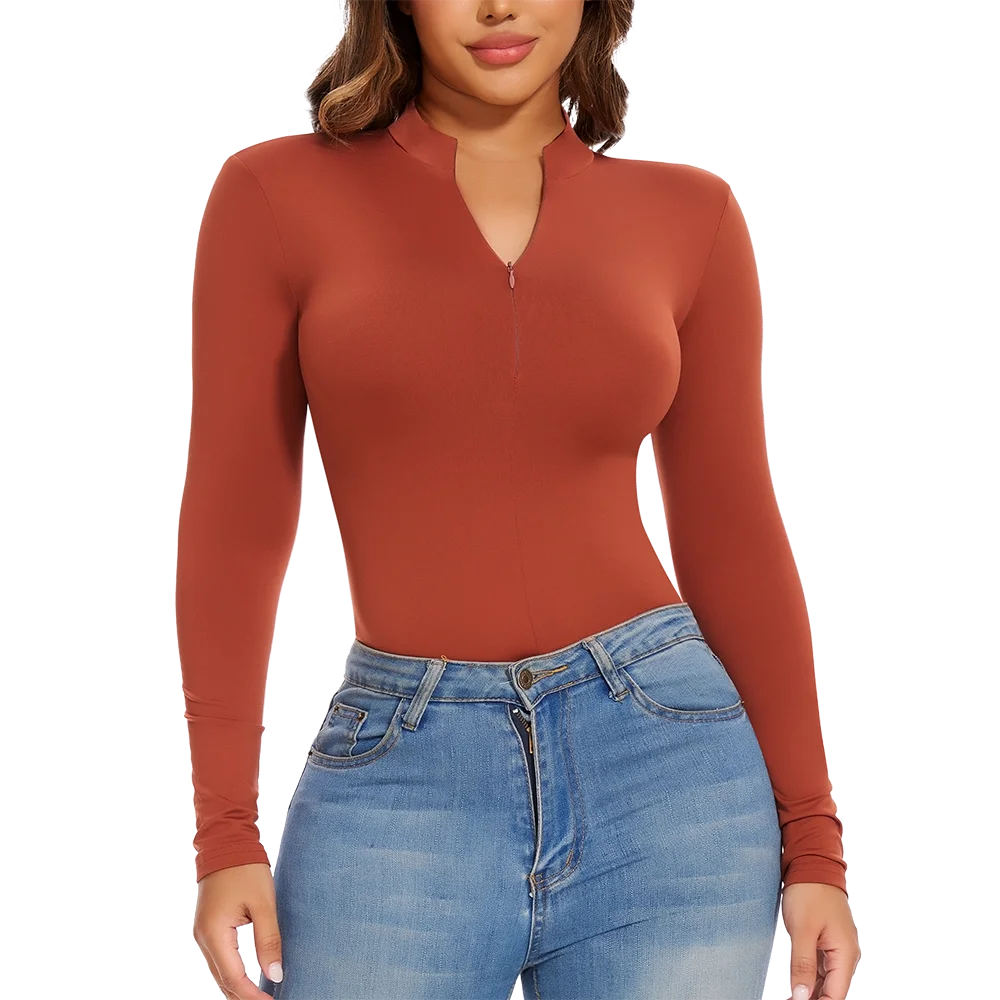 Body con colletto alla coreana con cerniera Donna Manica lunga Spazzolato Abiti invernali con fondo Sexy Streetwear Body Shaper Body pancia piatta
