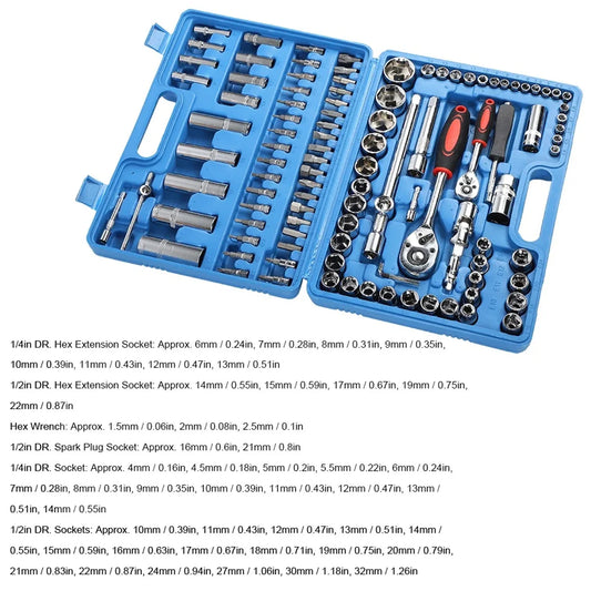 Set di chiavi a cricchetto da 108 pezzi, kit combinato di chiavi dinamometriche per riparazione auto, con attacco da 1/4" e 1/2", cacciaviti e punte, utensili manuali