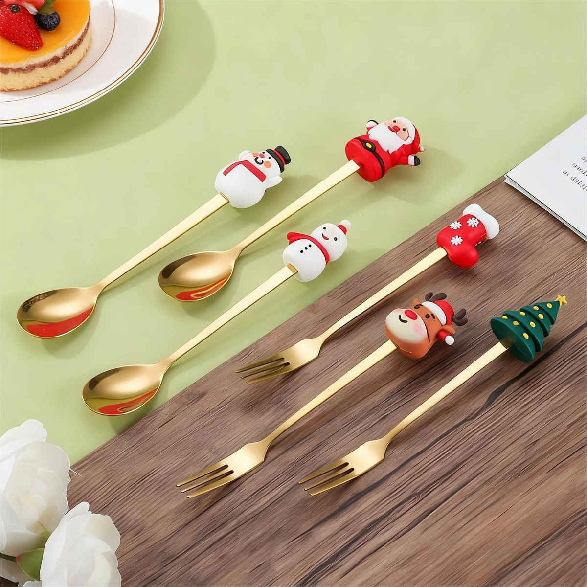 Set di posate da 12/6 pezzi in acciaio inossidabile a tema natalizio, cucchiai da caffè, forchette da dessert e cucchiai per la tavola delle festività