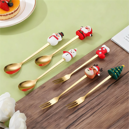 Set di posate da 12/6 pezzi in acciaio inossidabile a tema natalizio, cucchiai da caffè, forchette da dessert e cucchiai per la tavola delle festività