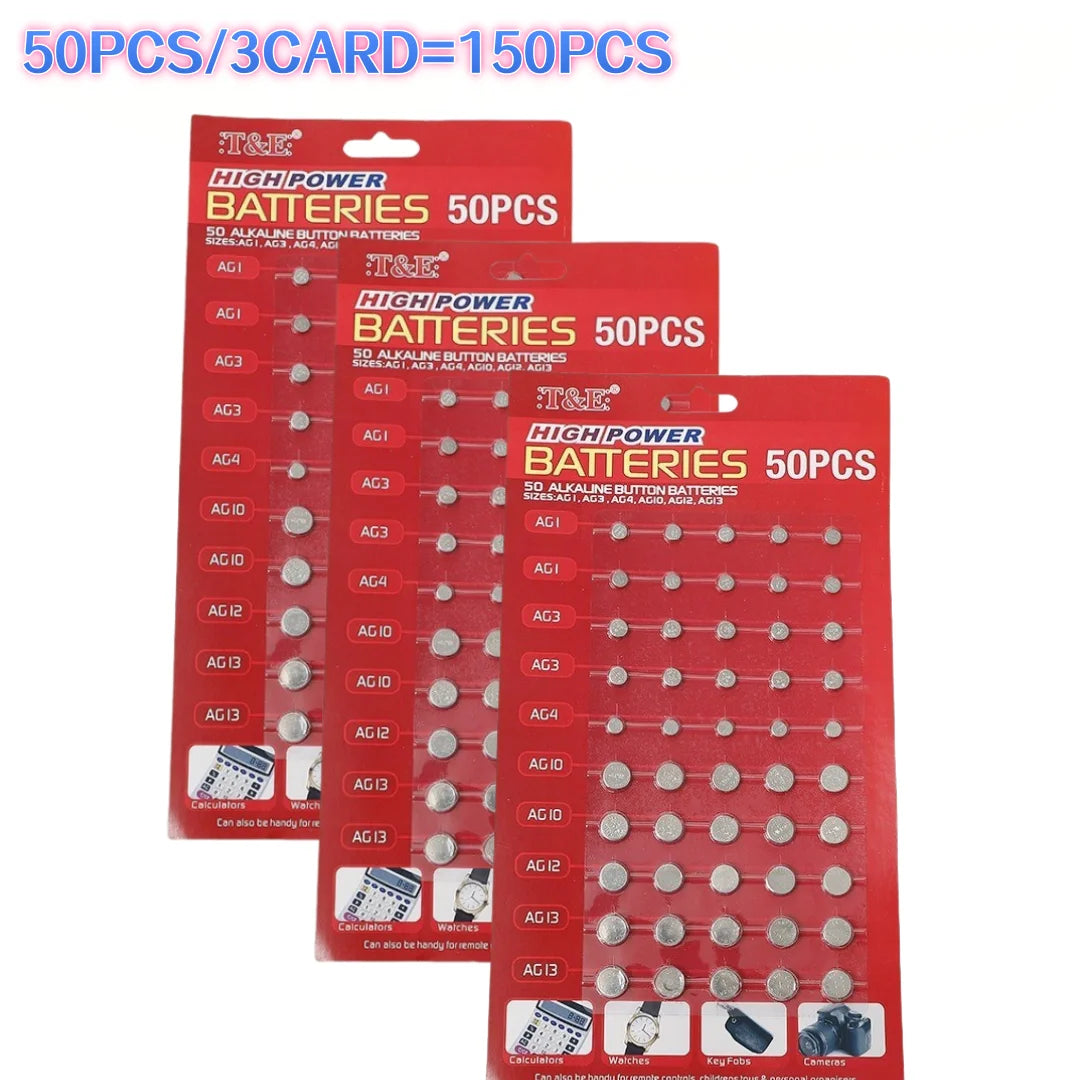 50 Pezzi Batterie a Bottone 1.55V AG13 LR44 L AG1 AG3 AG4 AG10 AG12 SR44 A76 LR1154 GP7 per Orologi, Giocattoli e Telecomandi