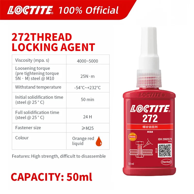100% originale Loctite 272 Frenafiletti Vite Colla Rossa Colla anaerobica ad alta resistenza Fissatore per viti 50ml/250ml