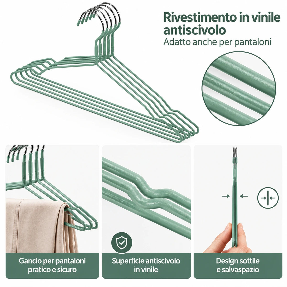 Set appendiabiti in metallo rivestito in vinile, larghezza 40 cm, antiscivolo, salvaspazio, grucce per vestiti, camicie, giacche, organizer per guardaroba, disponibili in 3 colori