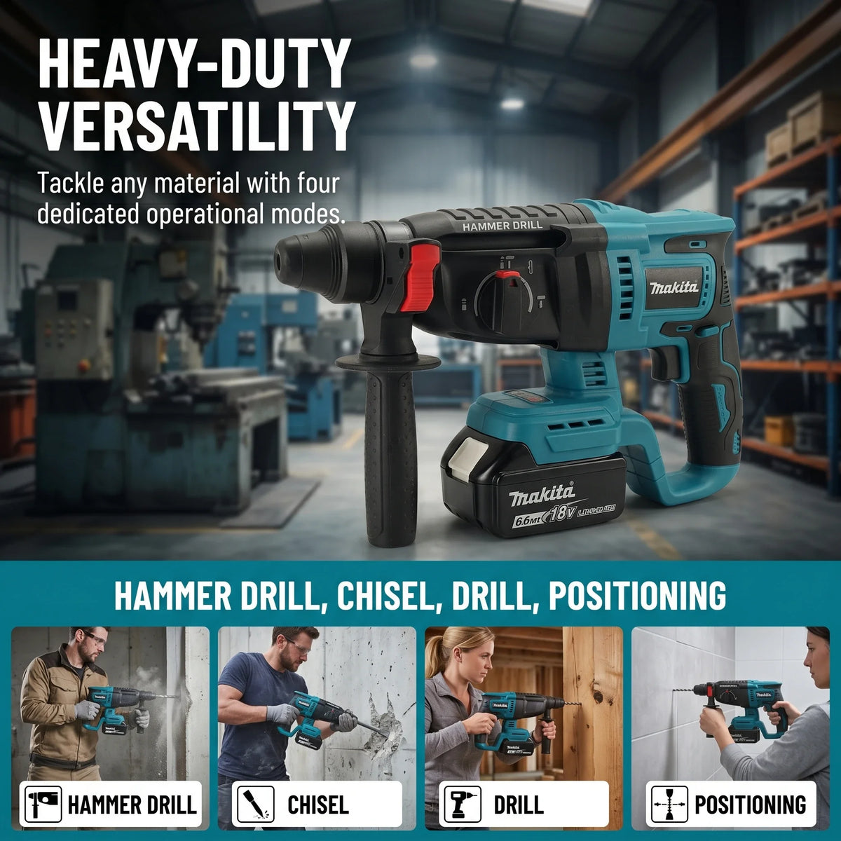Martello Perforatore Rotativo Cordless Makita DHR242 18V Originale al 100%, Senza Spazzole, 24mm per Calcestruzzo, 4700 IPM, 3 Modalità, Professionale per Lavori Pesanti