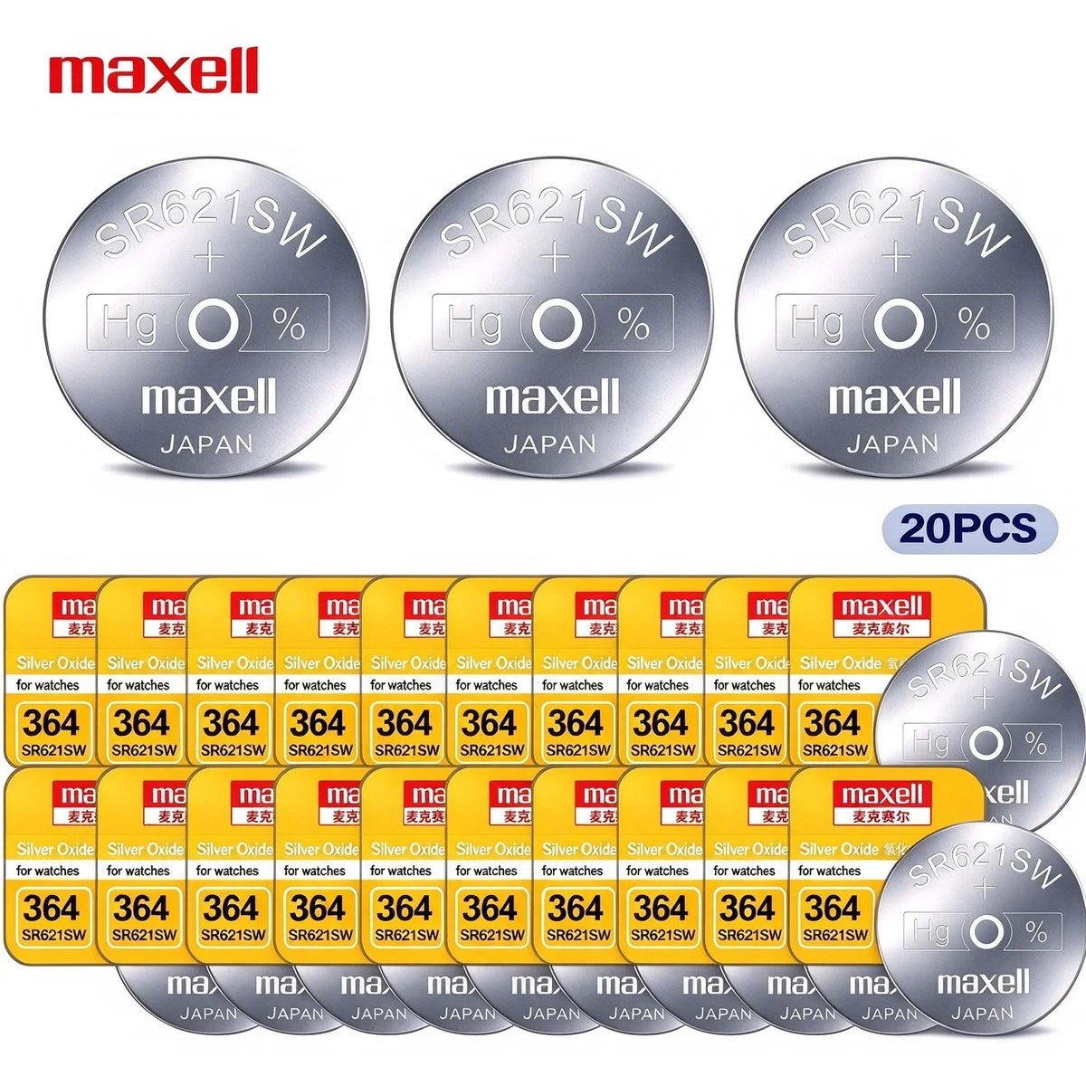 10-100PCS Batteria a bottone Maxell SR621SW 364 in ossido d'argento 1,55V AG1 LR621 per orologio da polso e orologio al quarzo