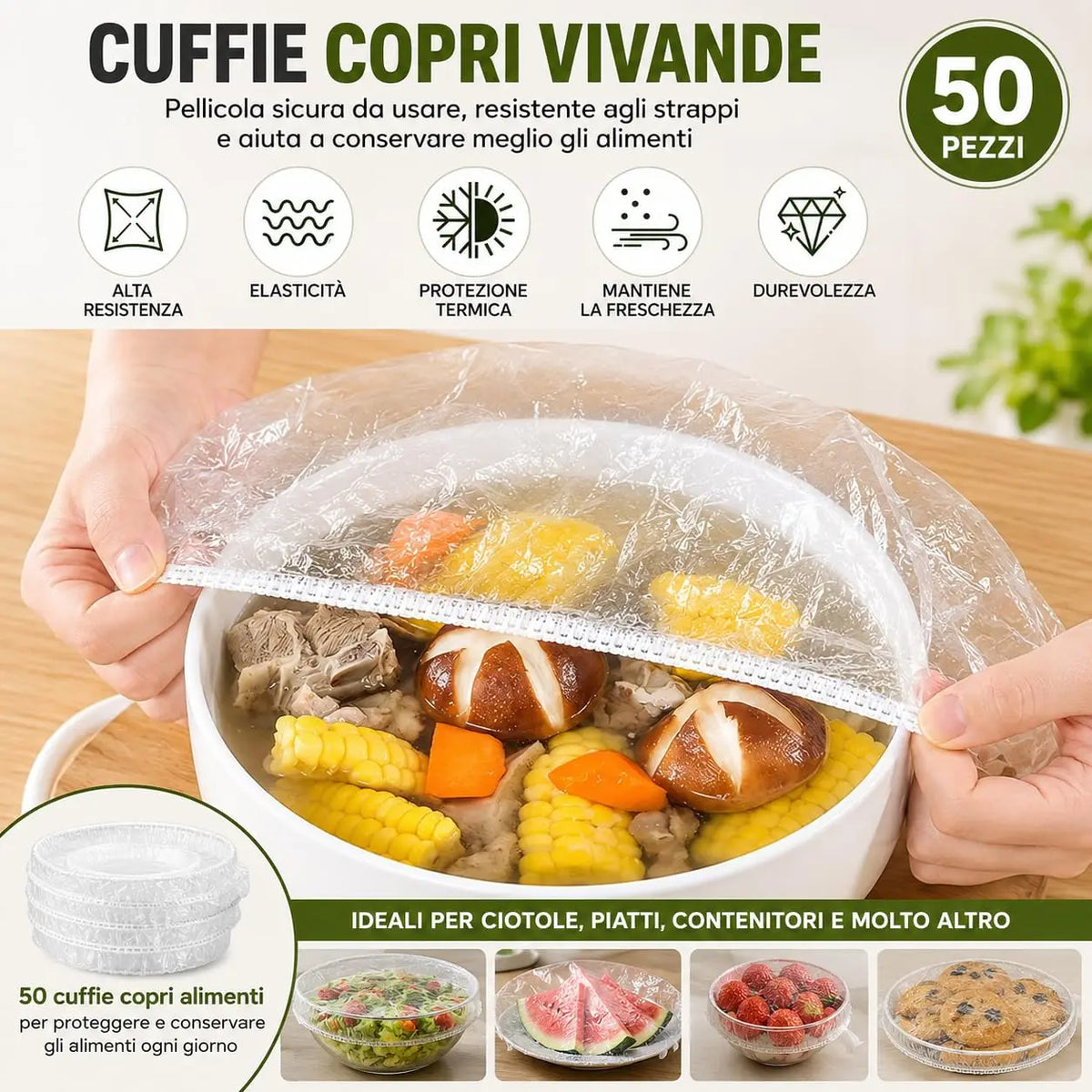 50 Cuffie Copri Alimenti Riutilizzabili con Elastico โ Copri Vivande Trasparenti Estensibili 10-25 cm per Ciotole, Piatti e Contenitori, Conservazione Cibi in Casa, Frigo e Buffet