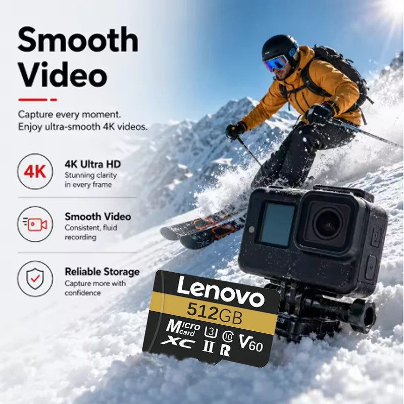 Scheda Micro SD Lenovo da 1024 GB, scheda di memoria TF per video Full HD da 512 GB, scheda di memoria Flash da 256 GB e 128 GB, classe 10, per GPS, MP4 e telecamere di sicurezza domestica.