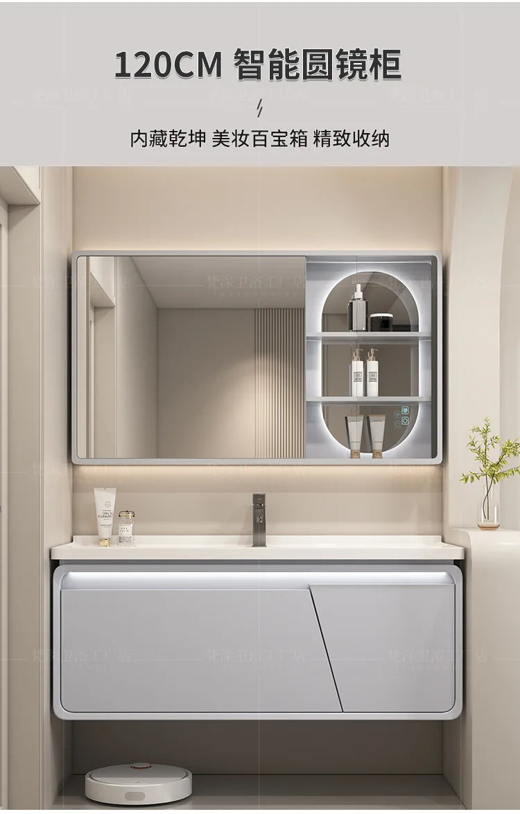 Mobile Bagno Moderno Intelligente con Lavabo Integrato in Ceramica, Armadietti in Rovere, Specchio LED e Mobiletto - Arredamento Bagno