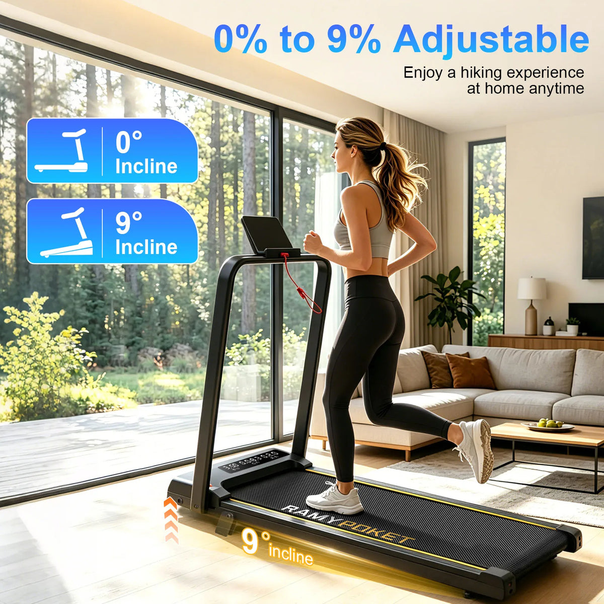 Tapis roulant con inclinazione del 9%, silenzioso, 2.5HP, 1-10km/h, APP e LED, tapis roulant con maniglia, tapis roulant per casa, 150kg