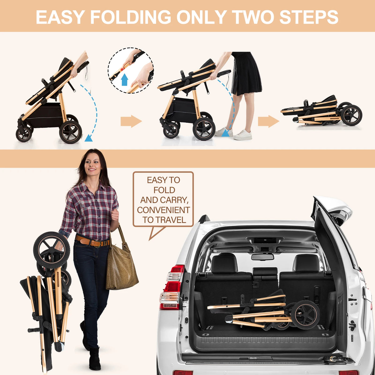 Passeggino 3 in 1 High Landscape per Neonati, Carrozzina Pieghevole Portatile di Lusso con Seggiolino Auto e Navicella da Viaggio