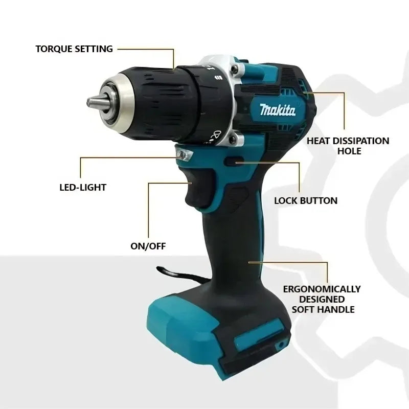Trapano avvitatore a batteria Makita DDF487 18V LXT, compatto, leggero, con elevata coppia, 20 impostazioni di coppia, luce LED e cambio a 2 velocità.