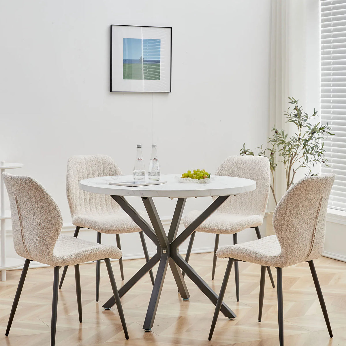 Tavolo da pranzo rotondo in stile nordico EGOONM, 100 cm, piano in MDF, gambe in metallo nero, ideale per sala da pranzo, cucina e arredamento della casa.