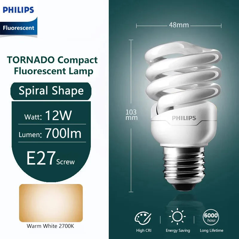 Philips Tornado Vite Edison fluorescente compatta E27 Luce a spirale 8W 12W 15W Lampadina a risparmio energetico 2700K 6500K Lampada a forma di torsione