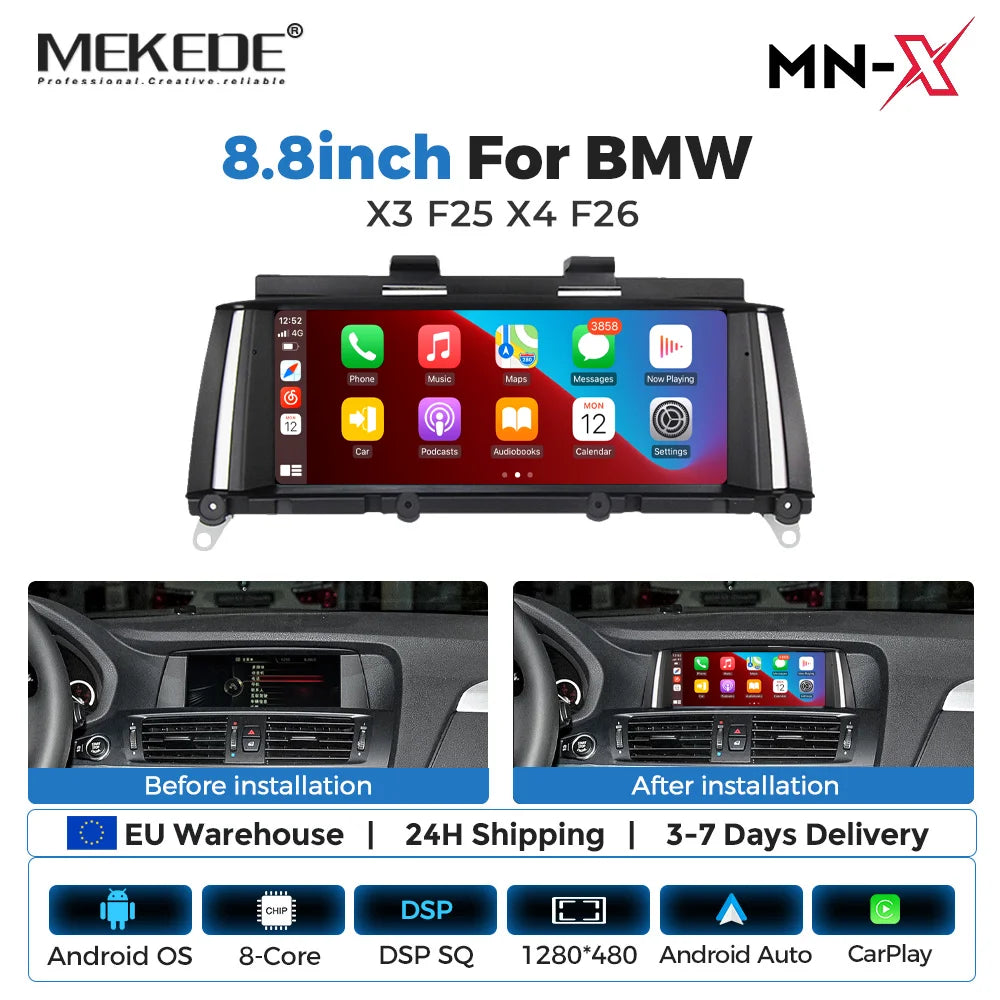 Mekede, autoradio Android da 8,8 pollici, stile originale, con CarPlay wireless e Android Auto, sistema multimediale per BMW X3 F25 e X4 F26 (2014-2016), sistema NBT, 4G LTE, WiFi, Bluetooth, navigazione GPS, lettore video 4K