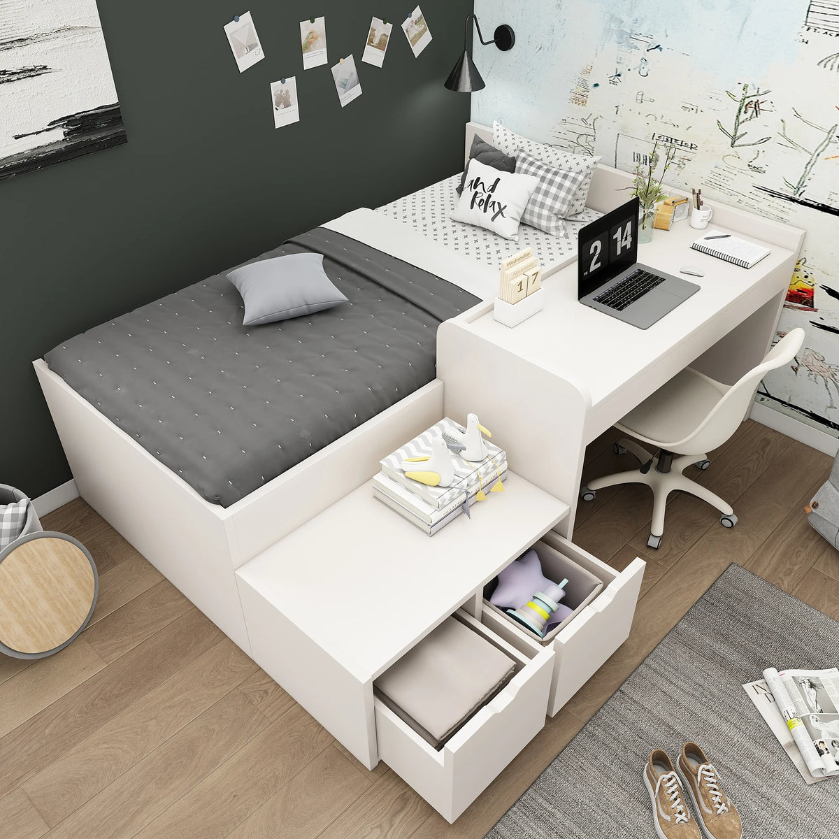 KOMHTOM Letto per bambini letto singolo 90x200 cm Bianco scrivania e cassetti letto contenitore senza materasso