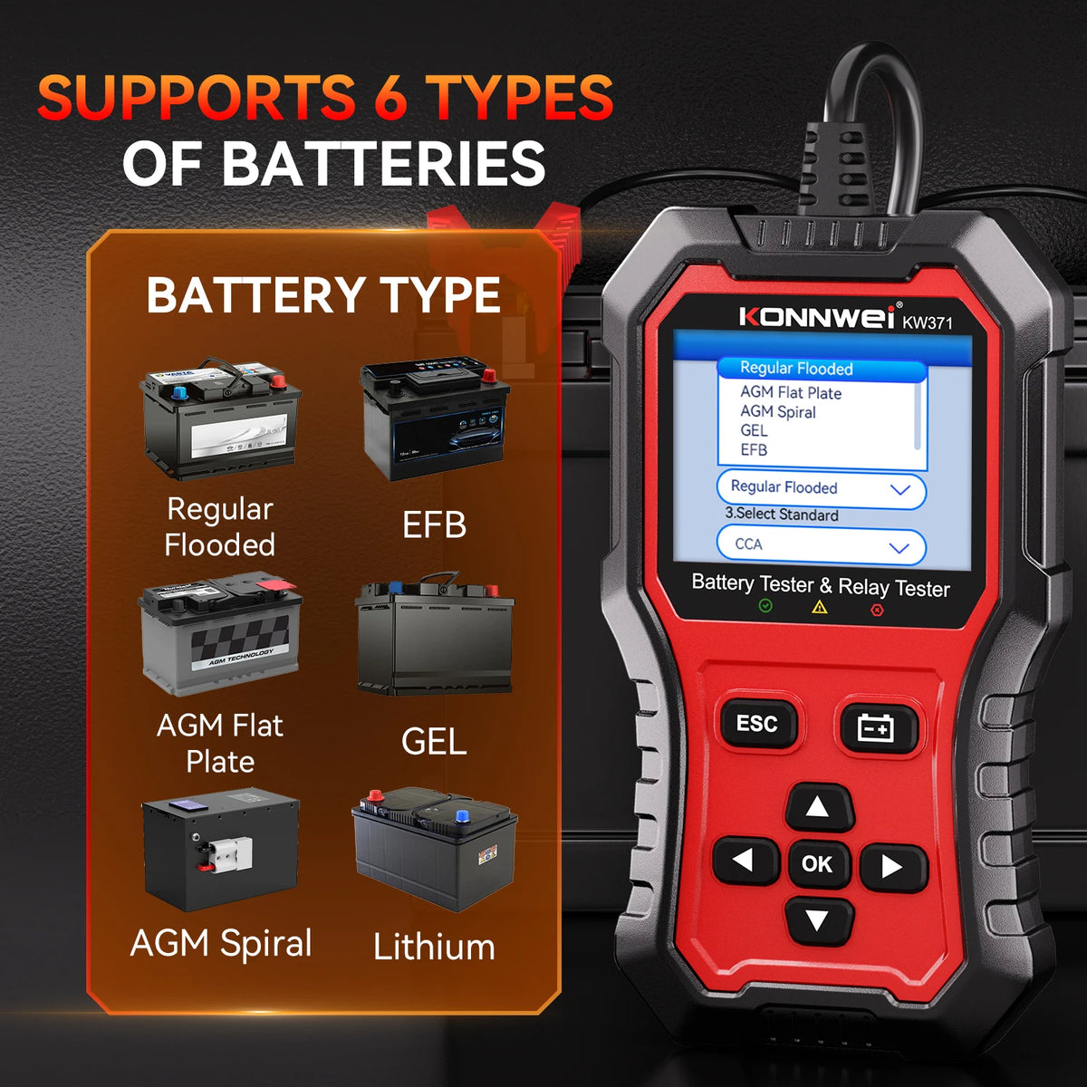 Tester Batteria Auto 2in1 KONNWEI KW371 2026 e Tester Relè a 4 Pin 5 Pin 6V 12V 24V con Stampa Dati Guasto, Test Avvio e Strumento di Scansione Ricarica