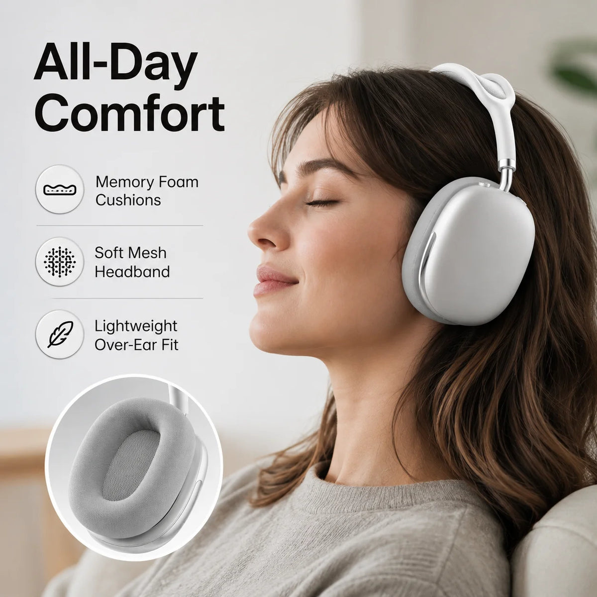 Cuffie Bluetooth ANC Wireless Over-Ear con Cancellazione del Rumore 43dB, Audio HiFi Stereo, 50 Ore di Autonomia, Bluetooth 5.4, Cavo AUX