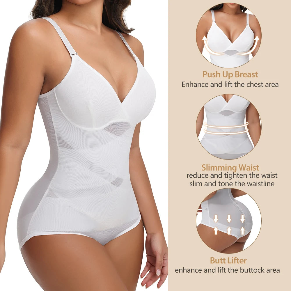 Body modellante per il corpo con controllo della pancia a vita incrociata per le donne Controllo completo del corpo con scollo a V Slip traspiranti in rete Intimo Sollevatore di testa