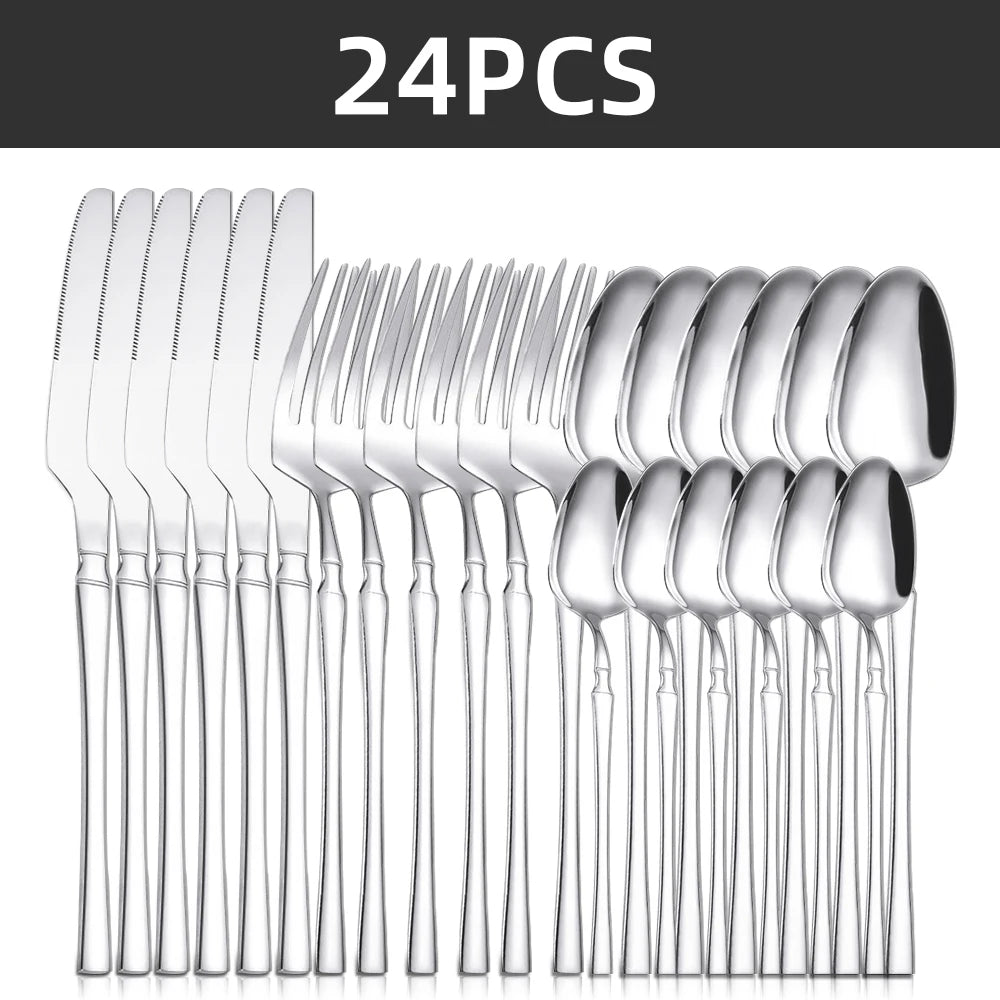 Set di posate da 24 pezzi in acciaio inox, coltelli, forchette, cucchiaini da caffรจ, stoviglie lavabili in lavastoviglie.