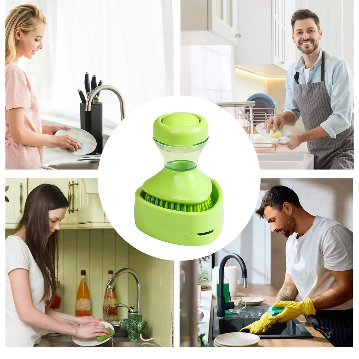 Spazzola per piatti con erogatore di sapone 2 in 1, dotata di spazzola integrata per la pulizia di pentole, padelle e lavelli, fornita con supporto da parete, strumento per la pulizia della cucina.
