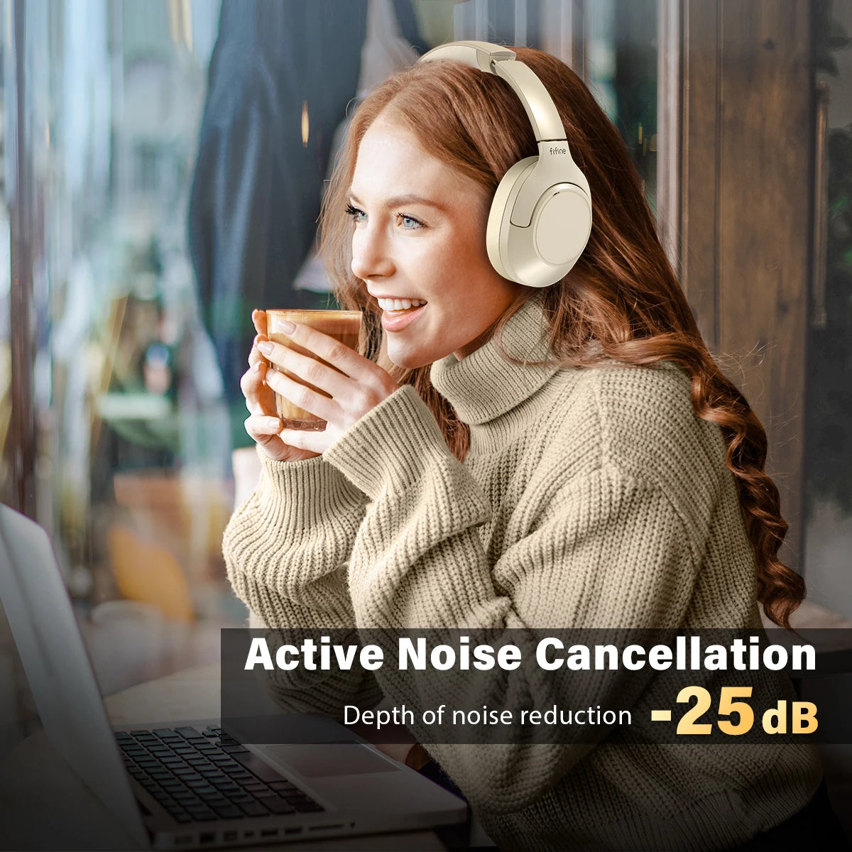 FIFINE Cuffie wireless Bluetooth per telefono/al pad, cuffie over-ear con cancellazione attiva del rumore per musica/gioco, portatili, 65H-X3