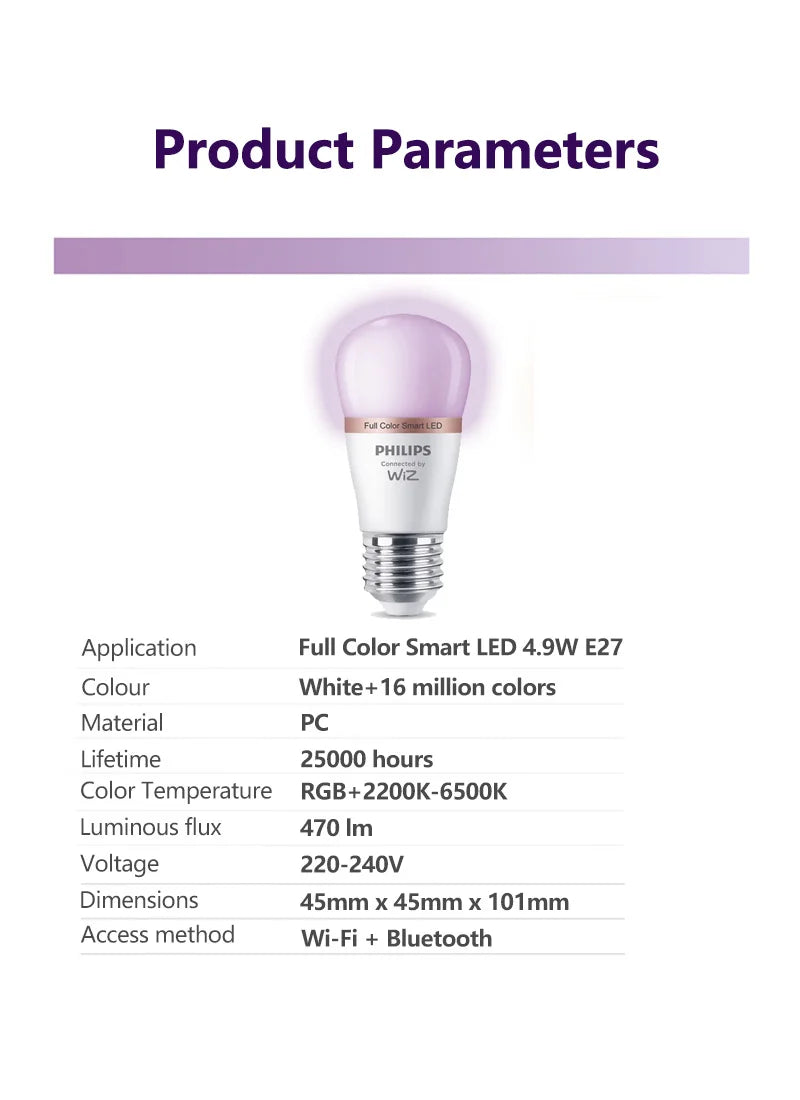 Philips WiZ 4.9W E27 P45 Wi-Fi e Bluetooth LED Smart Mini Ball Lampadina 220-240V 16 milioni di luci a colori smerigliate dimmerabili