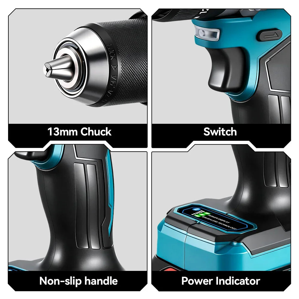 Trapano elettrico brushless ONEVAN 1500W, avvitatore a batteria, martello perforatore per lavorazione del legno, utensile elettrico compatibile con batteria Makita 18V.