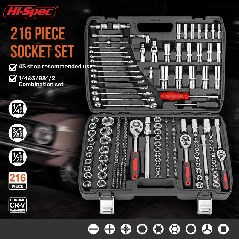 Set di Attrezzi Meccanici Hi-Spec 216 Pezzi, Kit Chiavi a Bussola da 1/4" 3/8" 1/2", Cassetta degli Attrezzi per Riparazione Auto