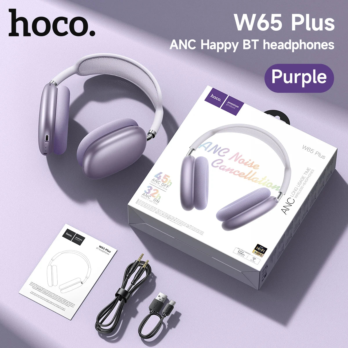 Cuffie Bluetooth HOCO W65 Plus con cancellazione del rumore ANC, auricolari wireless over-ear, suono Hi-Fi, cuffie sportive con pulsante.