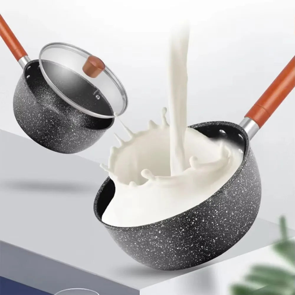 Pentola per il latte antiaderente Manico in legno Pentola per zuppa universale in stile giapponese con coperchio e beccuccio versatore Pentola per alimenti per bambini